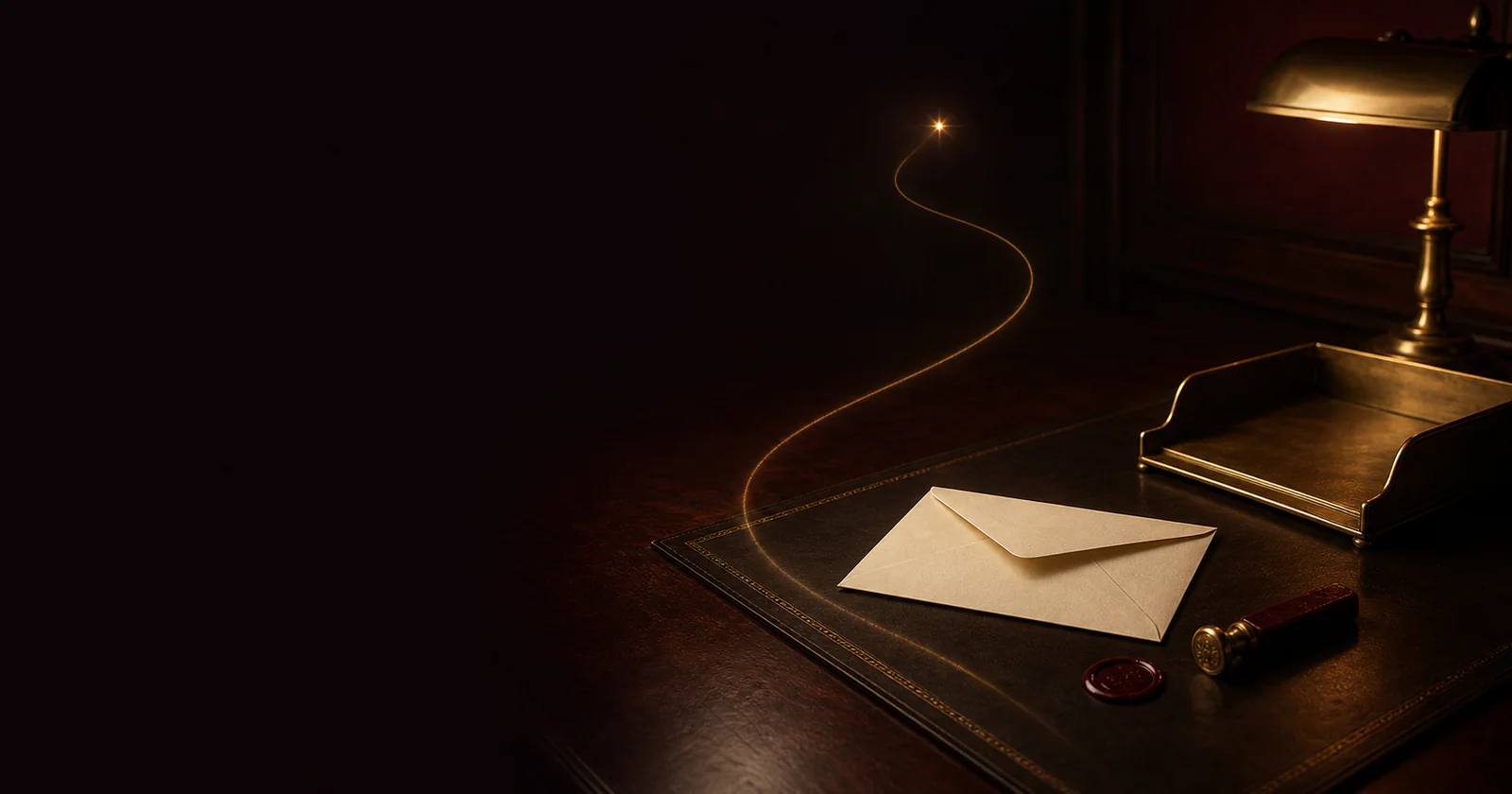 A private correspondence desk with a gold line connecting an envelope to a distant light.